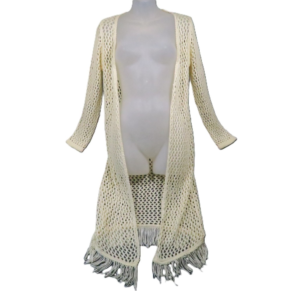 Crochet Fringe Long Duster Cardigan M Ivory Open Knit Cover Up Boho Beach Hippie